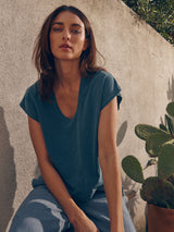Lena Slouchy Scoop Neck Tee in Supima Slub - Sea