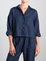 Esme Crop Shirt in French Linen - Ink