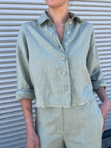 Esme Crop Shirt in French Linen - Seagrass