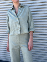 Esme Crop Shirt in French Linen - Seagrass