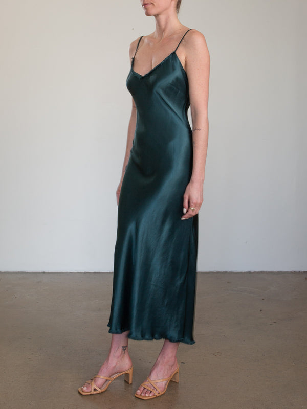 Farrah Slip Dress in Vintage Satin - Emerald
