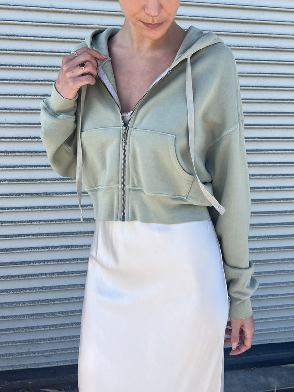 Tiffany Cropped Zip Hoodie in French Terry - Matcha