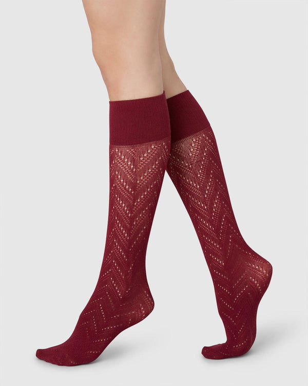 Ina Pointelle Knee Highs - Red Mahogany