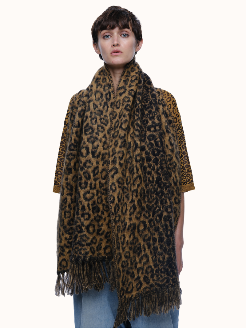 Cristobal Leopard Blanket Scarf in Brushed Recycled Cashmere & Mohair - Camel