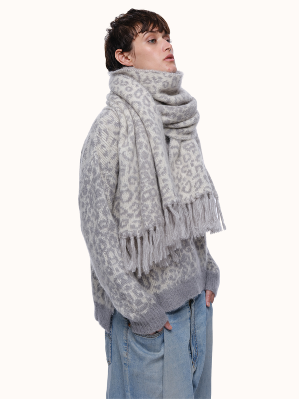 Cristobal Leopard Blanket Scarf in Brushed Recycled Cashmere & Mohair - Cream