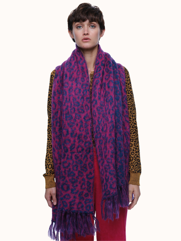 Cristobal Leopard Blanket Scarf in Brushed Recycled Cashmere & Mohair - Pink