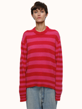 Jenn Striped Crewneck in Brushed Recycled Cashmere & Recycled Wool - Red