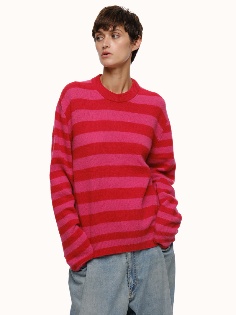 Jenn Striped Crewneck in Brushed Recycled Cashmere & Recycled Wool - Red