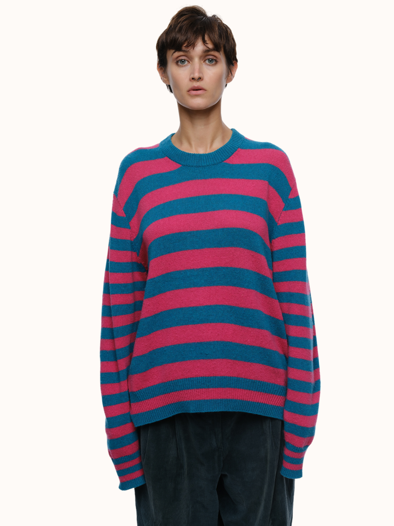 Jenn Striped Crewneck in Brushed Recycled Cashmere & Recycled Wool - Turquoise