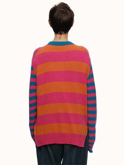 Jenn Striped Crewneck in Brushed Recycled Cashmere & Recycled Wool - Turquoise