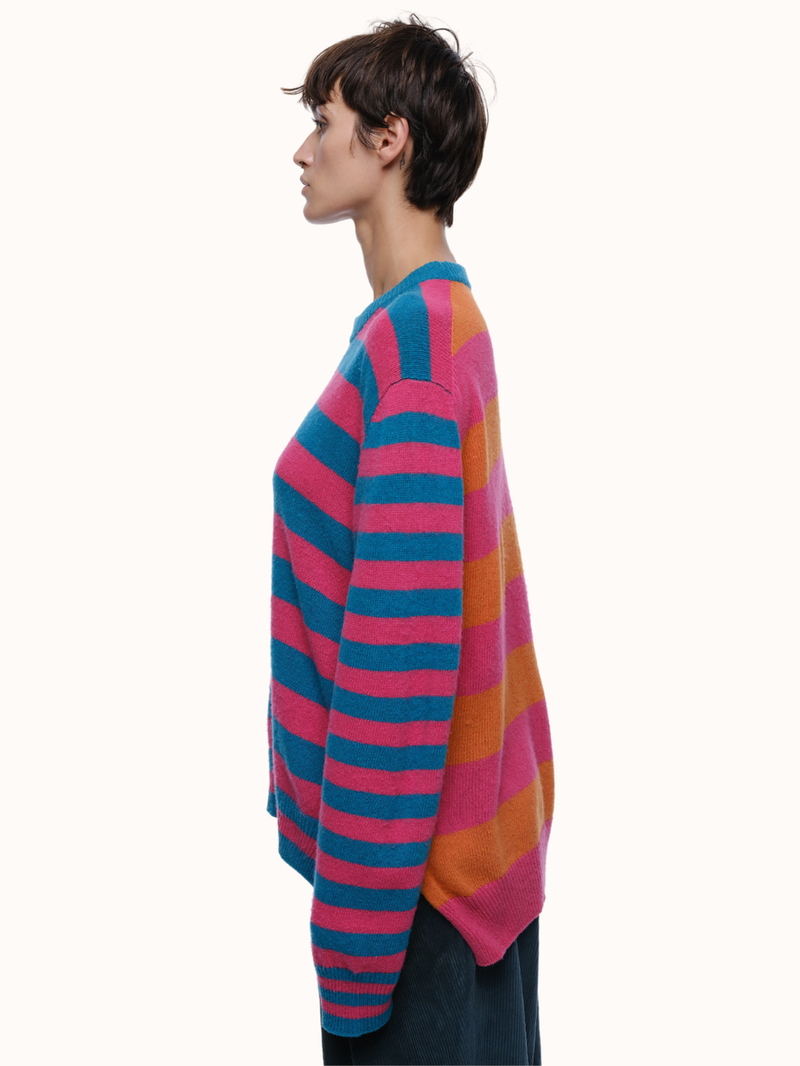 Jenn Striped Crewneck in Brushed Recycled Cashmere & Recycled Wool - Turquoise