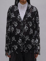 Printed Boyfriend Cardigan - Silver Floral on Black