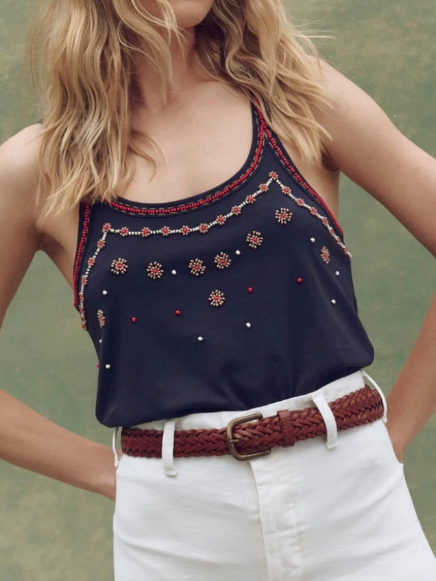 The Beaded Slim Tank - Navy