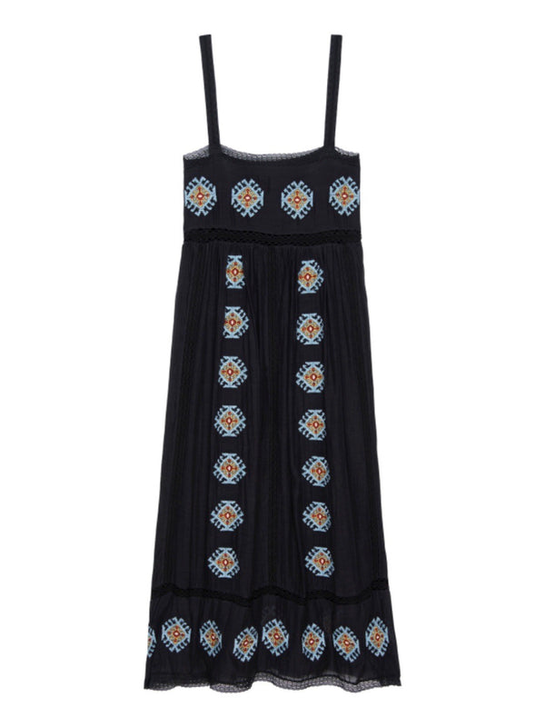 The Roam Dress with Folklore Embroidery - Black