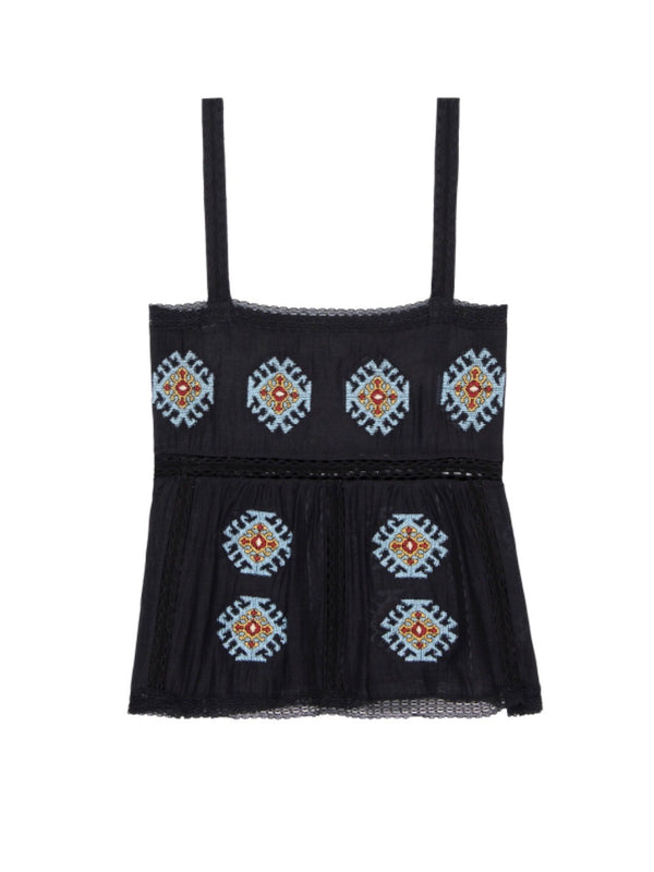 The Roam Top with Folklore Embroidery - Black