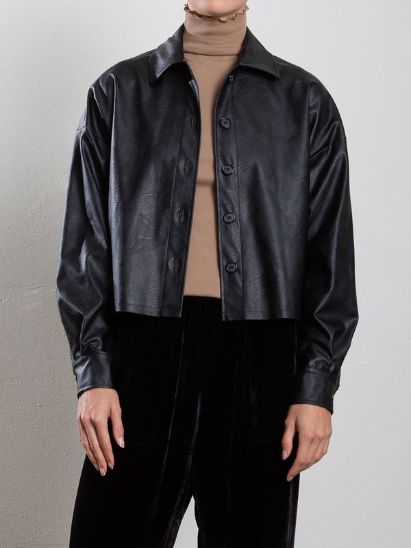 Esme Crop Shirt in Faux Leather - Black