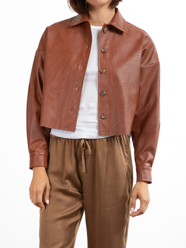 Esme Crop Shirt in Faux Leather - Caramel