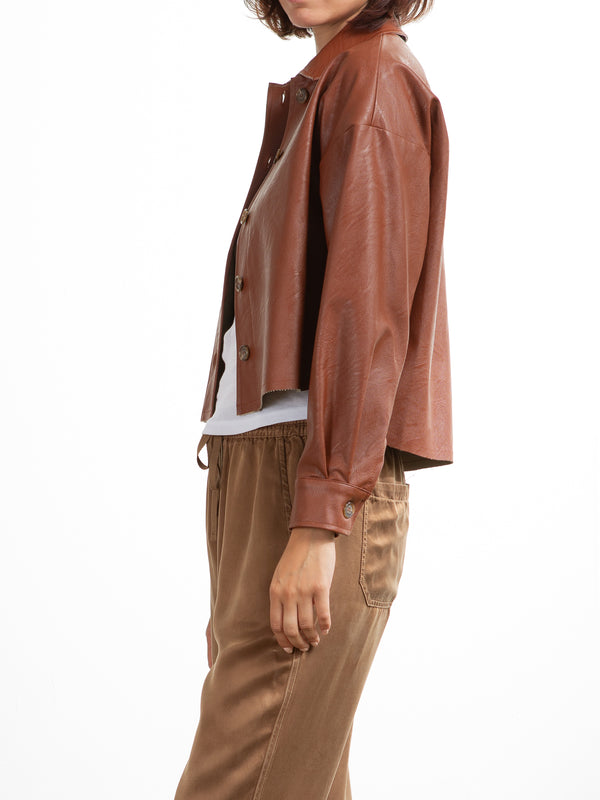 Esme Crop Shirt in Faux Leather - Caramel