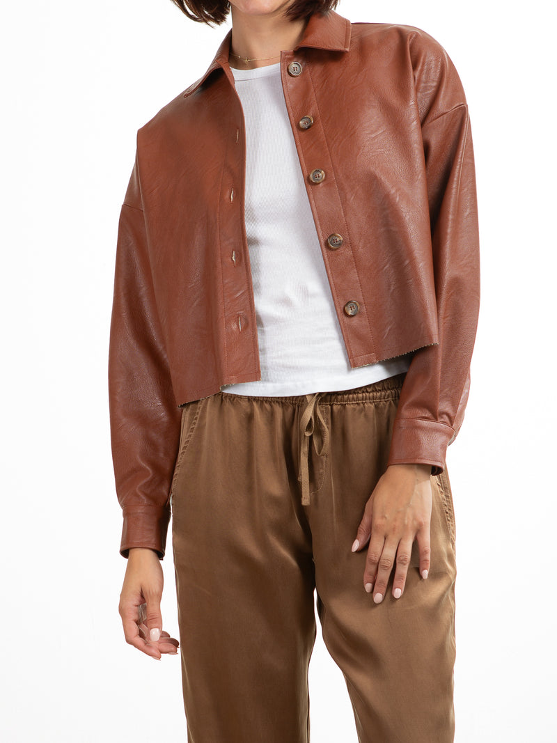 Esme Crop Shirt in Faux Leather - Caramel