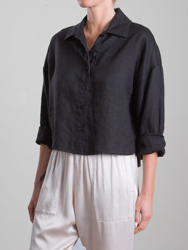 Esme Crop Shirt in French Linen - Black