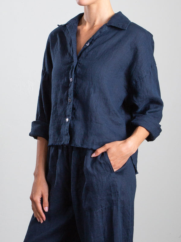 Esme Crop Shirt in French Linen - Ink