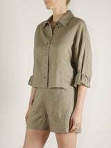 Esme Crop Shirt in French Linen - Olive
