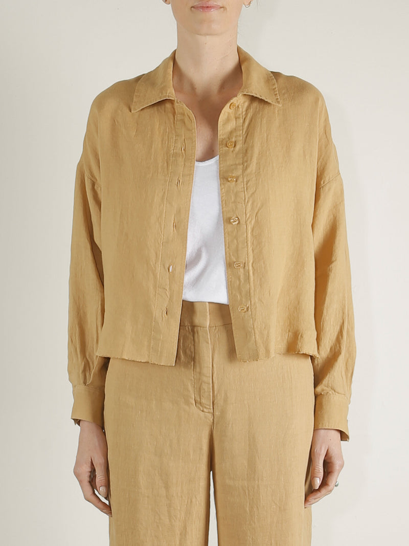 Esme Crop Shirt in French Linen - Wheat