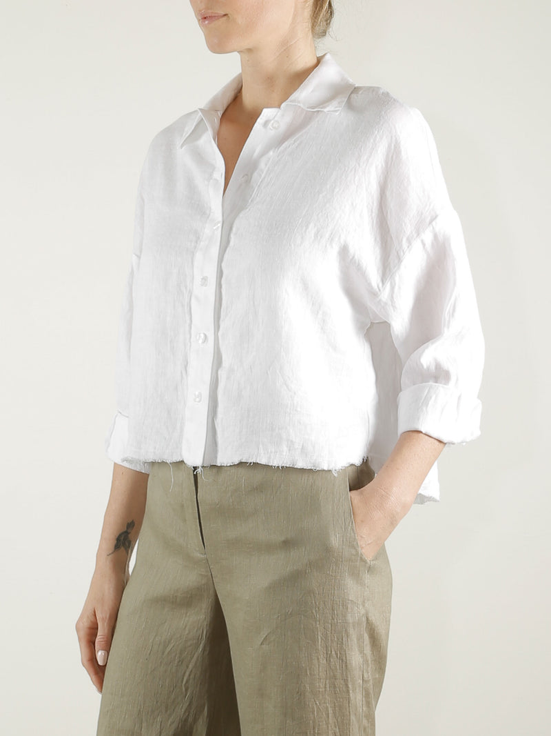 Esme Crop Shirt in French Linen - White