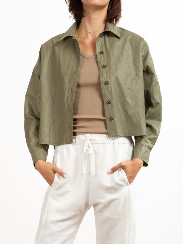 Esme Crop Shirt in Faux Leather - Army