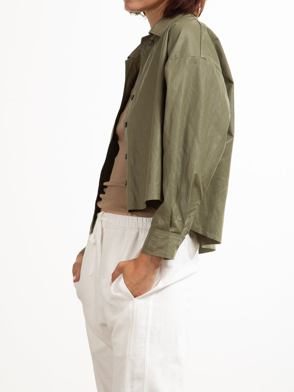 Esme Crop Shirt in Faux Leather - Army