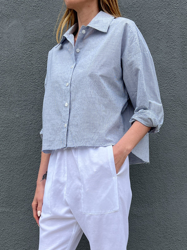 Esme Crop Shirt in Japanese Mini Stripe - Navy/White