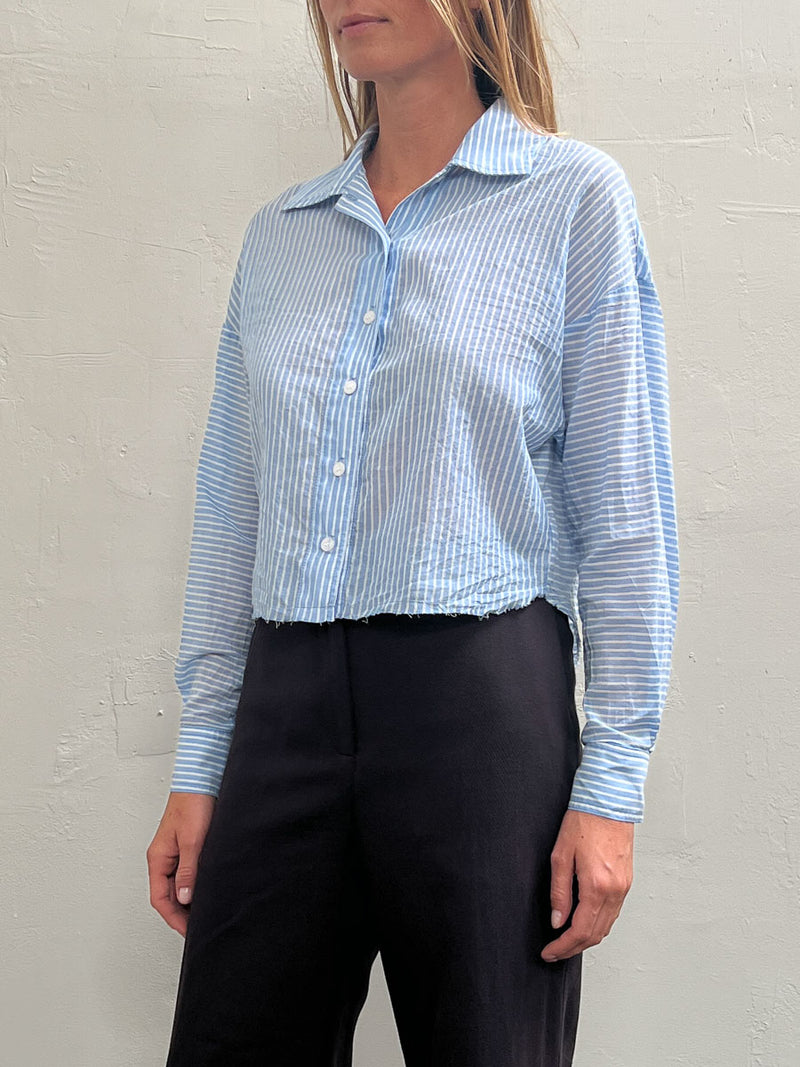 Esme Crop Shirt in Japanese Cotton Stripe - Light Blue/White