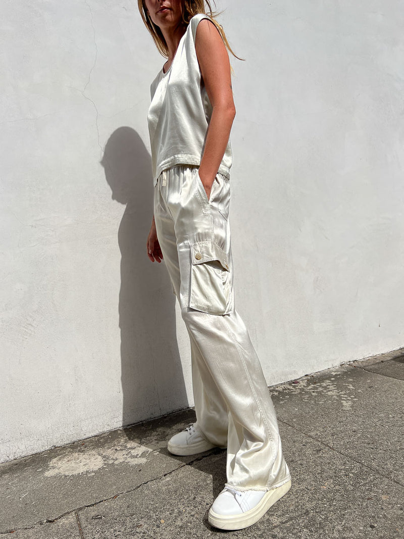 Mason Cargo Pant in Vintage Satin - Oyster