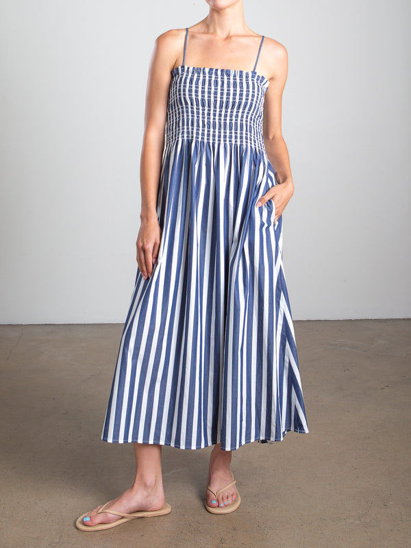 Amelia Dress in Cotton Stripe - Navy