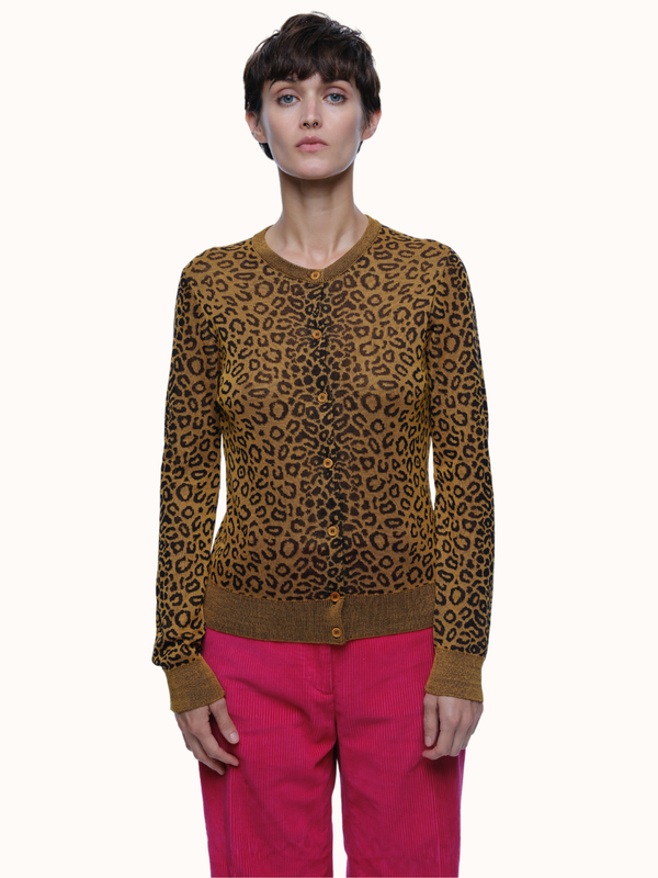 Emily Leopard Crewneck Cardigan in Organic Cotton