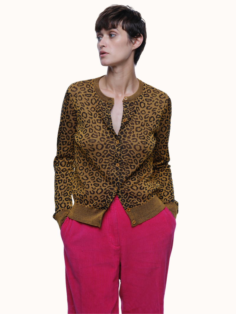 Emily Leopard Crewneck Cardigan in Organic Cotton