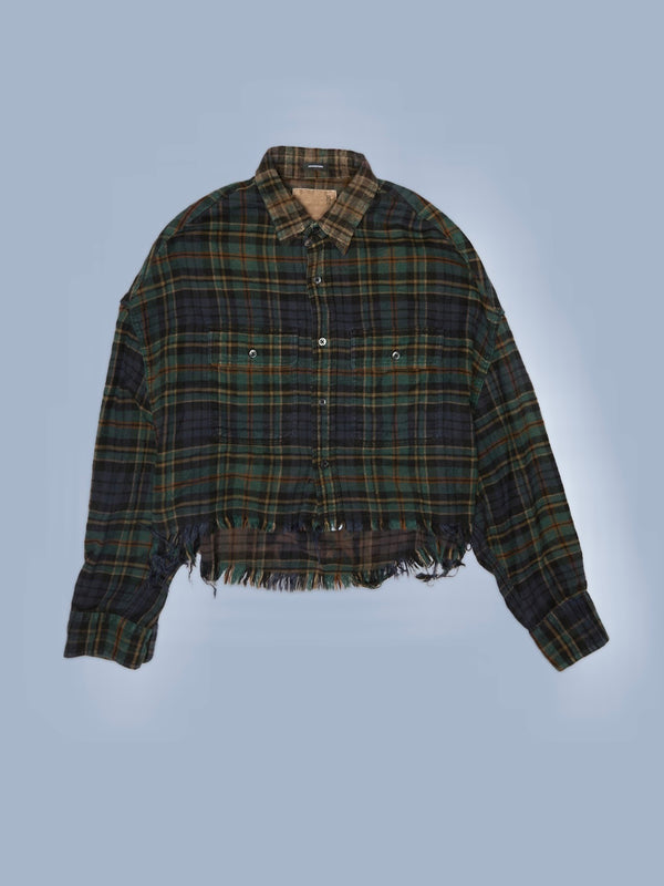 Cropped Work Shirt - Teal / Navy / Yellow / Blue Plaid