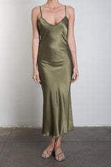 Farrah Slip Dress in Vintage Satin - Olive