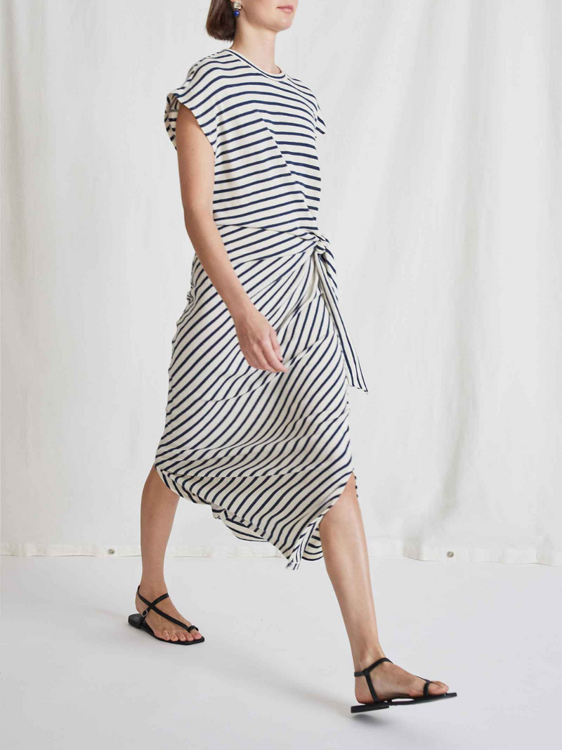 Vanina Cinched Waist Dress - Navy Cream Stripe